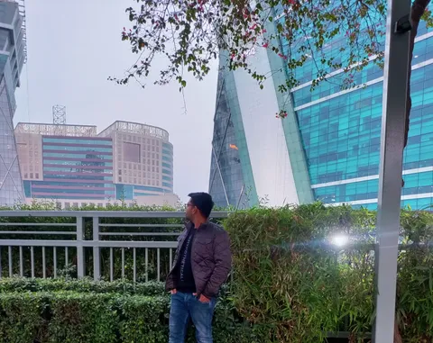 Among glass towers in the city